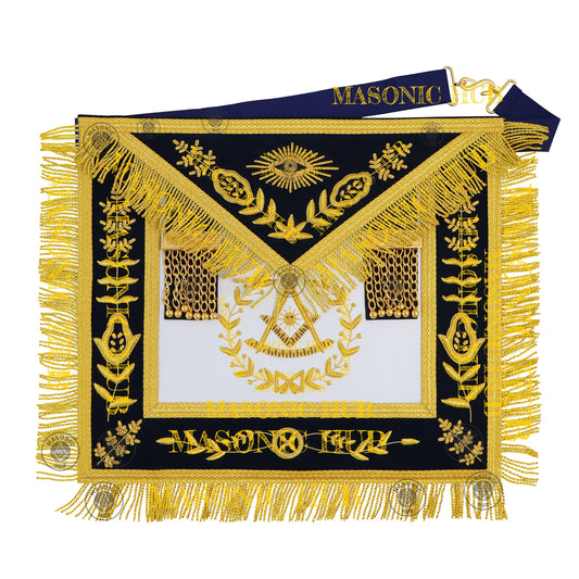 Past Master Masonic Apron – Lambskin with Gold Bullion Embroidery – Navy Blue Velvet & Mylar Fringe – Handmade Freemason Regalia