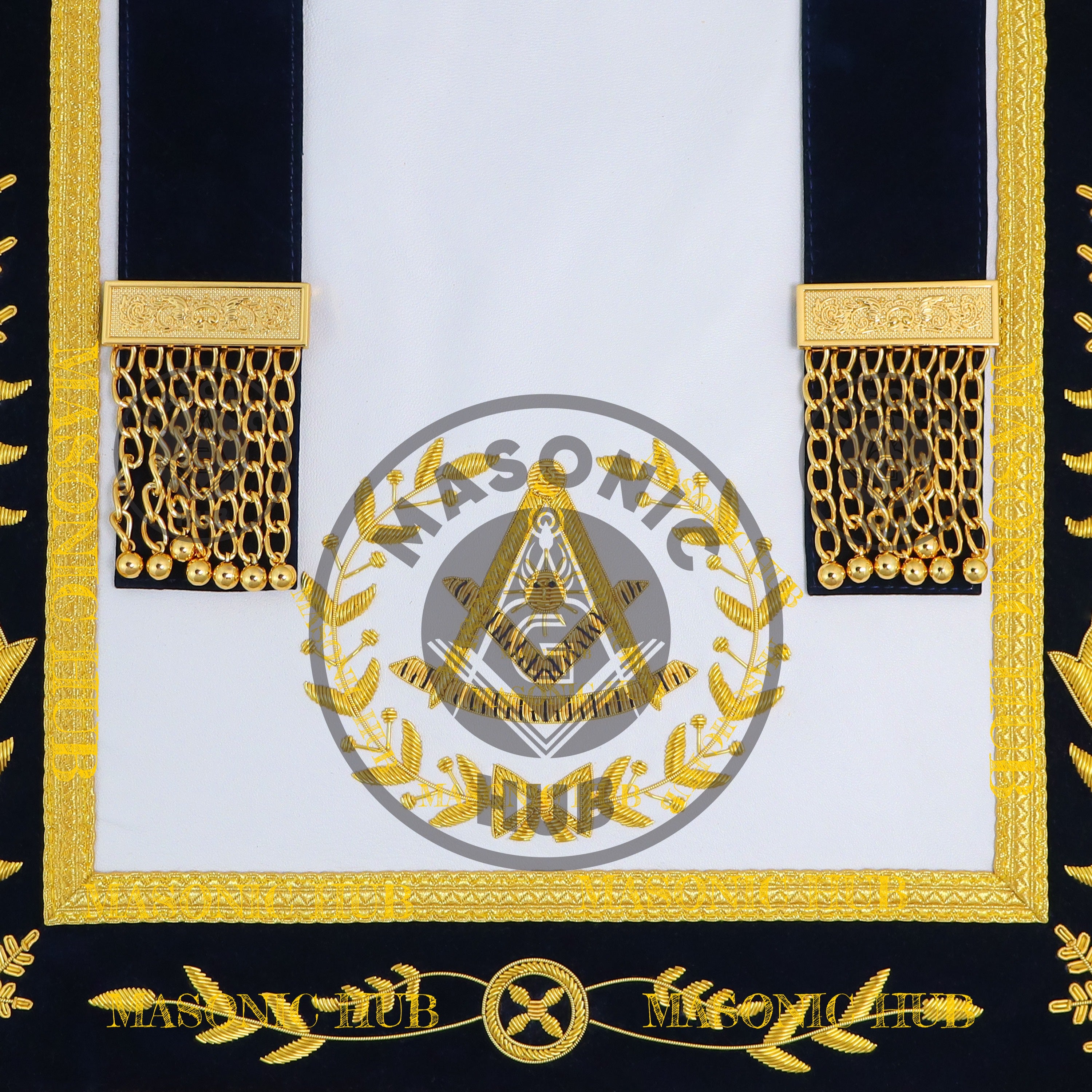 Past Master Masonic Apron – Lambskin with Gold Bullion Embroidery – Navy Blue Velvet & Mylar Fringe – Handmade Freemason Regalia