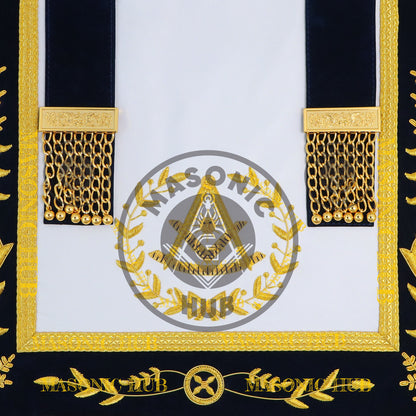 Past Master Masonic Apron – Lambskin with Gold Bullion Embroidery – Navy Blue Velvet & Mylar Fringe – Handmade Freemason Regalia