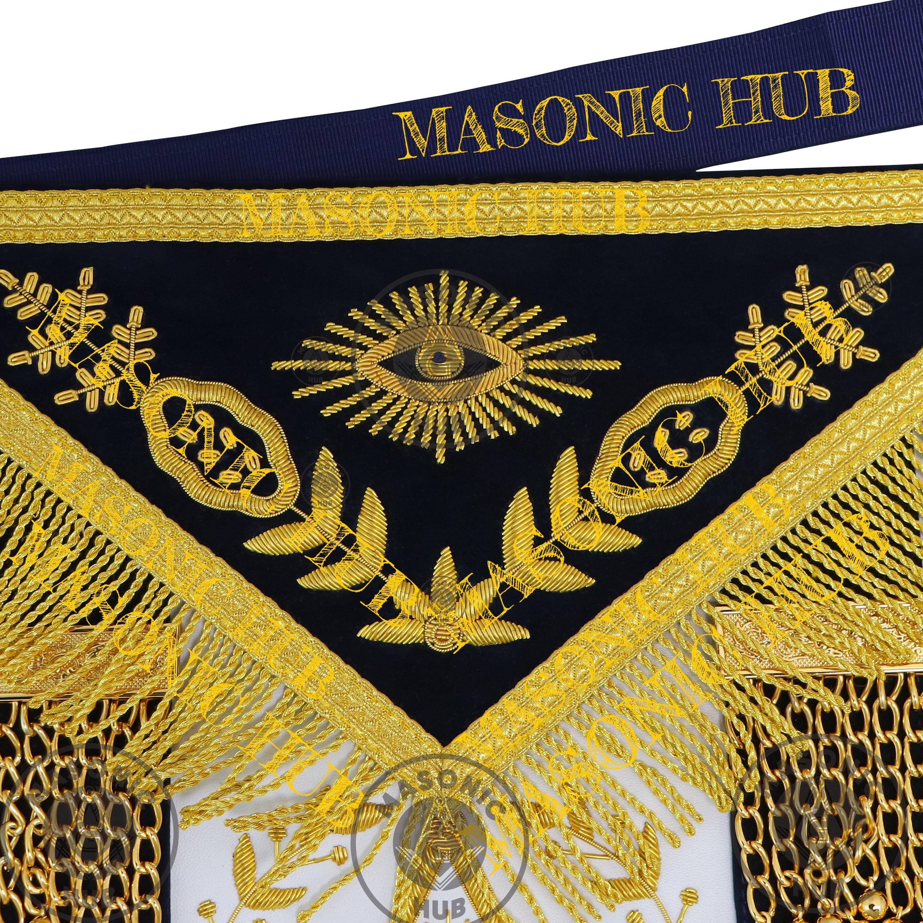 Past Master Masonic Apron – Lambskin with Gold Bullion Embroidery – Navy Blue Velvet & Mylar Fringe – Handmade Freemason Regalia Masonic Hub