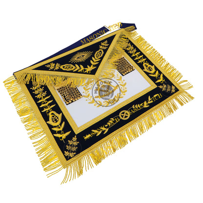 Past Master Masonic Apron – Lambskin with Gold Bullion Embroidery – Navy Blue Velvet & Mylar Fringe – Handmade Freemason Regalia
