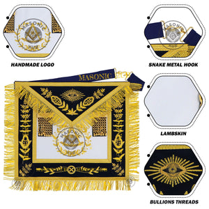 Past Master Masonic Apron – Lambskin with Gold Bullion Embroidery – Navy Blue Velvet & Mylar Fringe – Handmade Freemason Regalia Masonic Hub