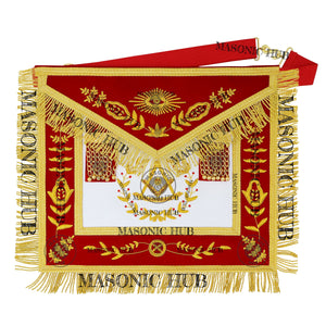 Past Master Scottish Rite Apron – Red Velvet with Gold Bullion Embroidery, Gold Tassel with Red Velvet Drops Skull Lining Masonic Hub