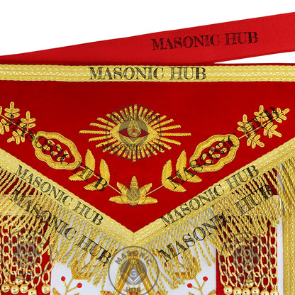 Past Master Scottish Rite Apron – Red Velvet with Gold Bullion Embroidery, Gold Tassel with Red Velvet Drops Skull Lining