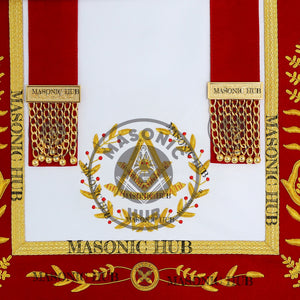 Past Master Scottish Rite Apron – Red Velvet with Gold Bullion Embroidery, Gold Tassel with Red Velvet Drops Skull Lining Masonic Hub