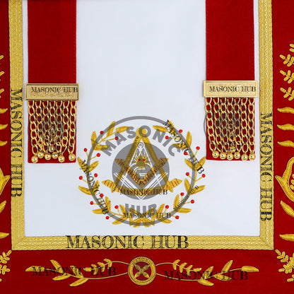 Past Master Scottish Rite Apron – Red Velvet with Gold Bullion Embroidery, Gold Tassel with Red Velvet Drops Skull Lining