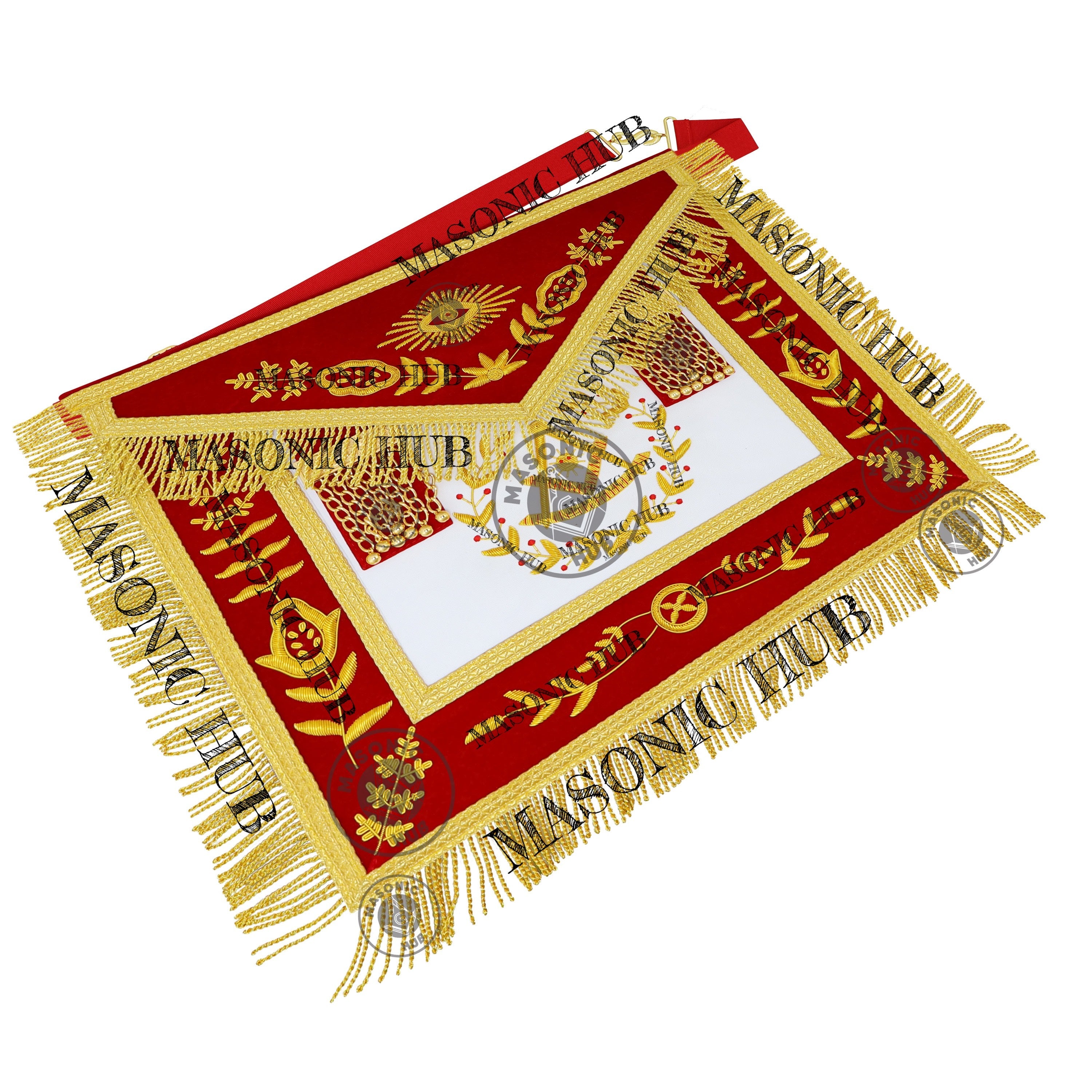 Past Master Scottish Rite Apron – Red Velvet with Gold Bullion Embroidery, Gold Tassel with Red Velvet Drops Skull Lining Masonic Hub
