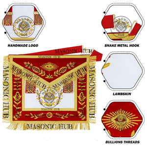 Past Master Scottish Rite Apron – Red Velvet with Gold Bullion Embroidery, Gold Tassel with Red Velvet Drops Skull Lining Masonic Hub