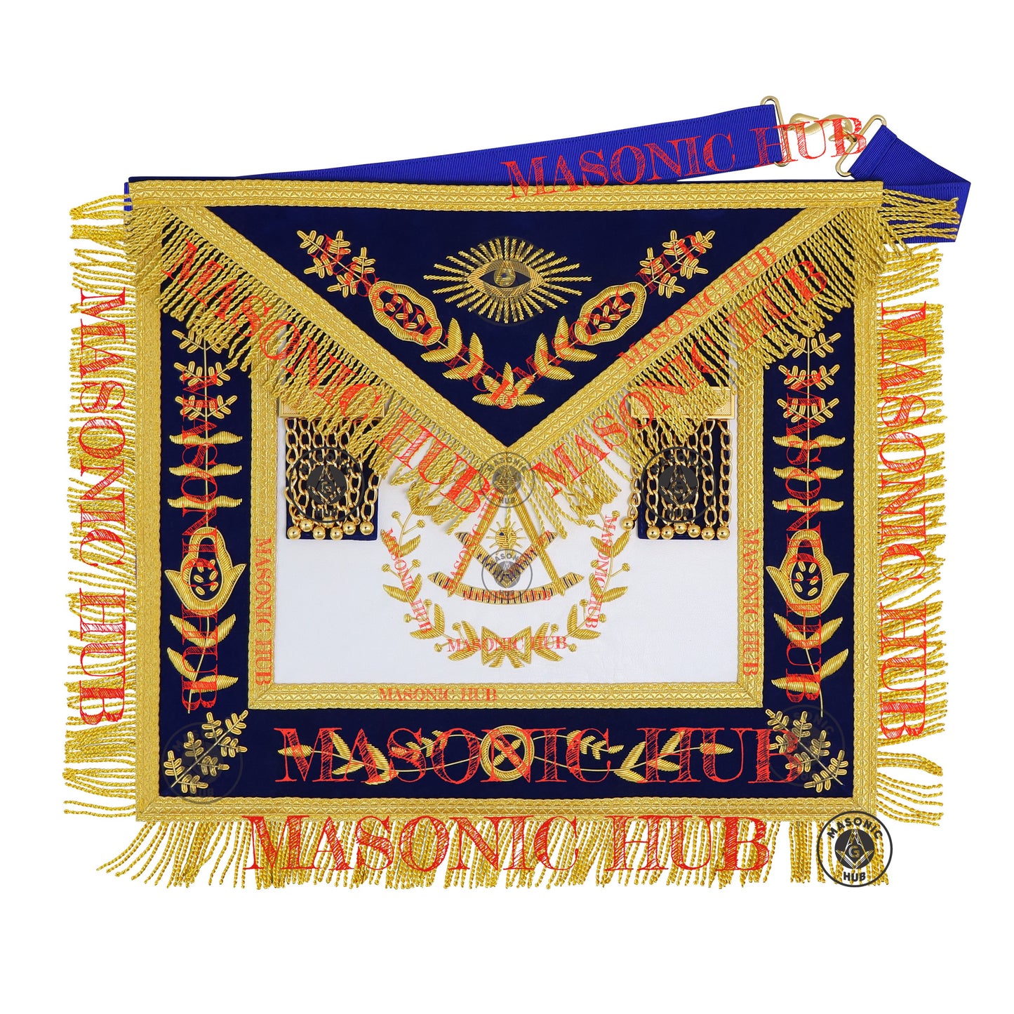Past Master Masonic Apron – Lambskin with Gold Bullion Embroidery – Royal Blue Velvet & Mylar Fringe – Handmade Freemason Regalia