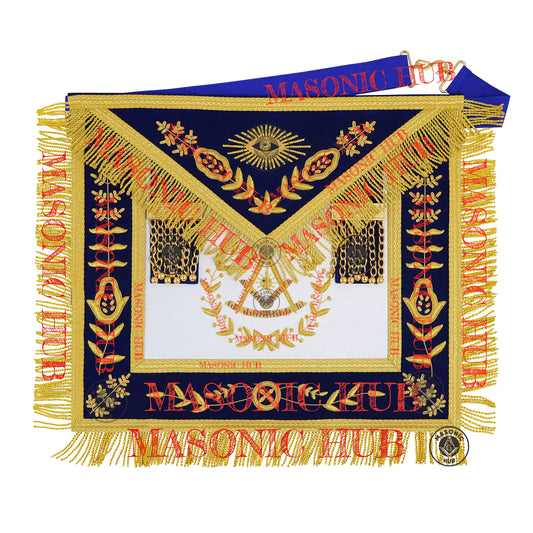 Past Master Masonic Apron – Lambskin with Gold Bullion Embroidery – Royal Blue Velvet & Mylar Fringe – Handmade Freemason Regalia