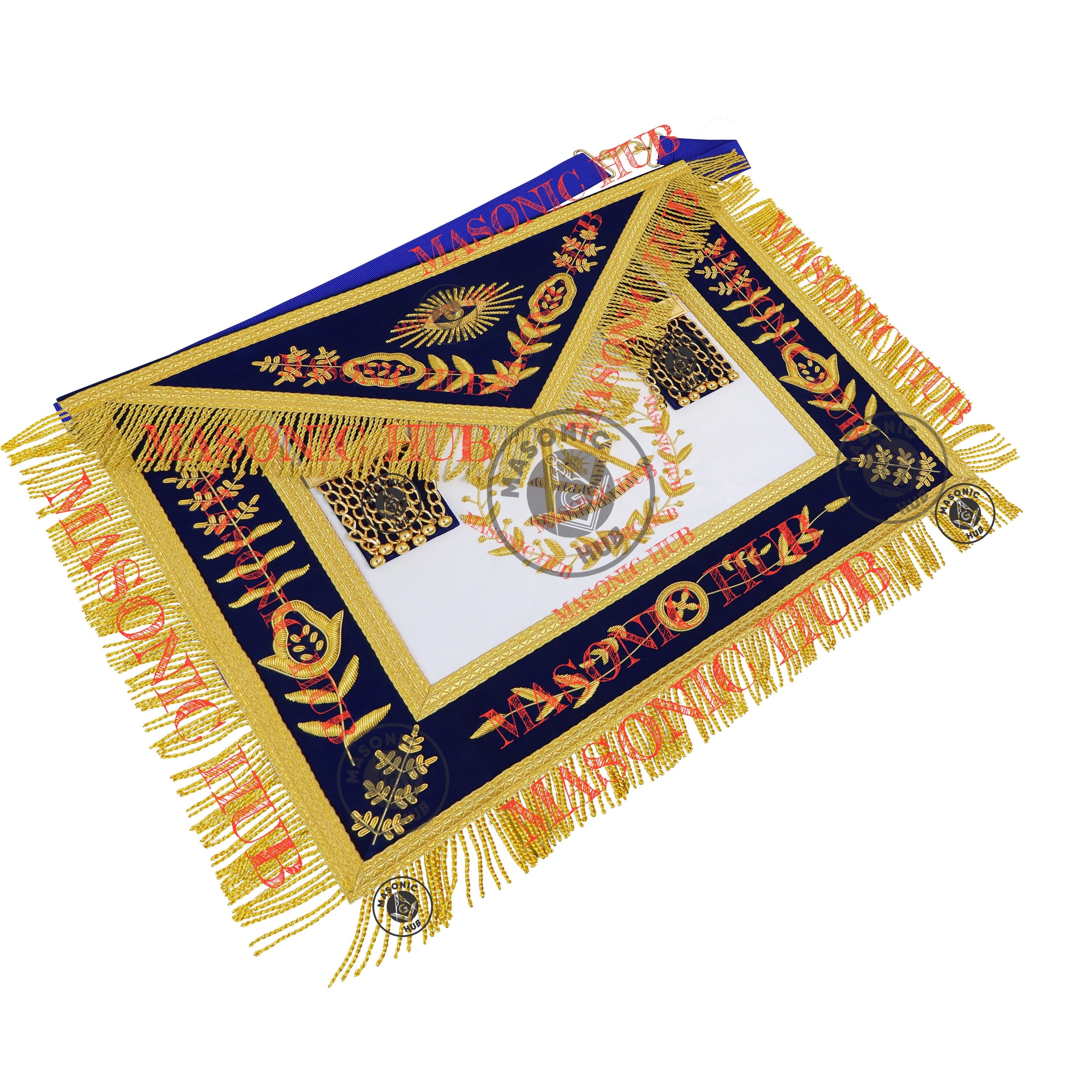 Past Master Masonic Apron – Lambskin with Gold Bullion Embroidery – Royal Blue Velvet & Mylar Fringe – Handmade Freemason Regalia Masonic Hub