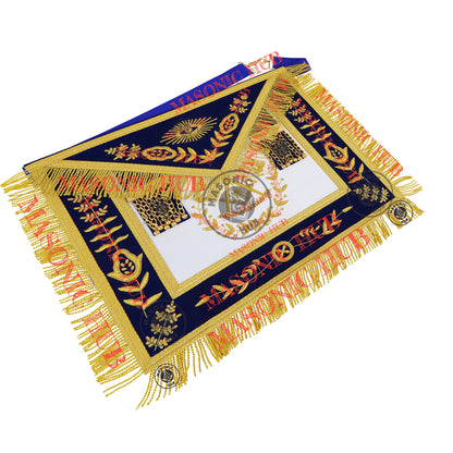 Past Master Masonic Apron – Lambskin with Gold Bullion Embroidery – Royal Blue Velvet & Mylar Fringe – Handmade Freemason Regalia