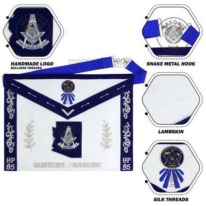 Custom Past Master Masonic Apron – Personalized with Your Lodge Name, Logo, and Artwork | Hand-Embroidered Blue Lodge Regalia