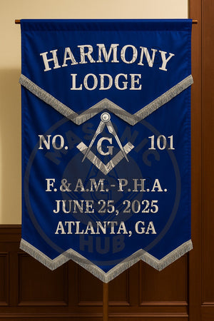 Personalized Handcrafted Master Mason Blue Lodge Banner – Custom Embroidered with Lodge Info, Square & Compass Emblem Masonic Hub