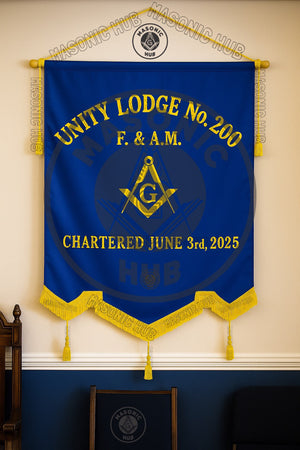 Personalized Handcrafted Master Mason Blue Lodge Banner – Custom Embroidered with Lodge Info, Square & Compass Emblem Masonic Hub