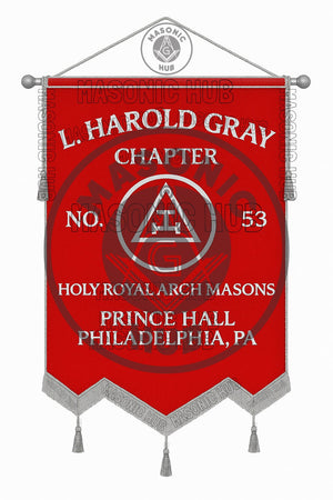 Custom Masonic Royal Arch Chapter Banner with Hand Made Emblem – Red Fabric, Silver Fringe & Hanging Tassels – Prince Hall Chapter Design Masonic Hub