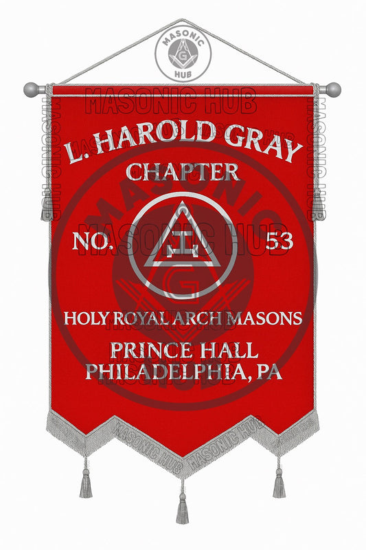 Custom Masonic Royal Arch Chapter Banner with Hand Made Emblem – Red Fabric, Silver Fringe & Hanging Tassels – Prince Hall Chapter Design