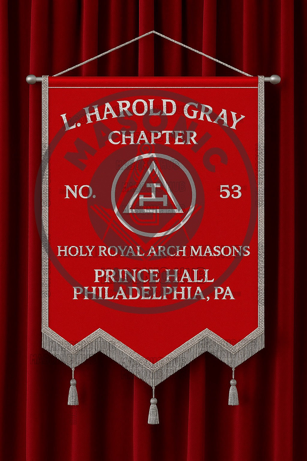 Custom Masonic Royal Arch Chapter Banner with Hand Made Emblem – Red Fabric, Silver Fringe & Hanging Tassels – Prince Hall Chapter Design
