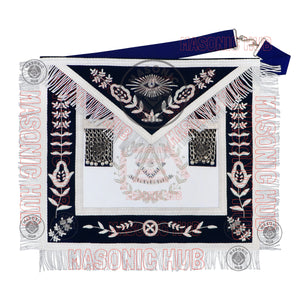 Past Master Masonic Apron – Lambskin with Silver Bullion Embroidery – Navy Blue Velvet & Mylar Fringe – Handmade Freemason Regalia Masonic Hub