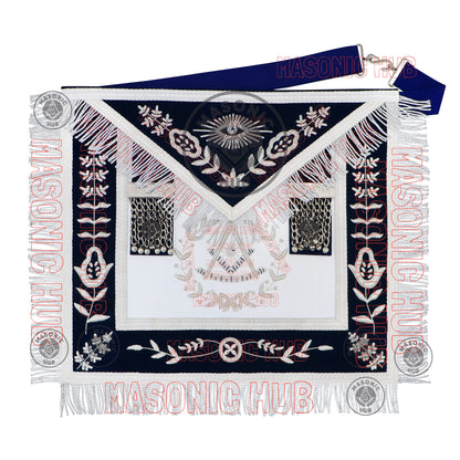 Past Master Masonic Apron – Lambskin with Silver Bullion Embroidery – Navy Blue Velvet & Mylar Fringe – Handmade Freemason Regalia