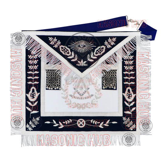 Past Master Masonic Apron – Lambskin with Silver Bullion Embroidery – Navy Blue Velvet & Mylar Fringe – Handmade Freemason Regalia