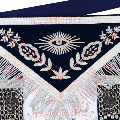 Past Master Masonic Apron – Lambskin with Silver Bullion Embroidery – Navy Blue Velvet & Mylar Fringe – Handmade Freemason Regalia