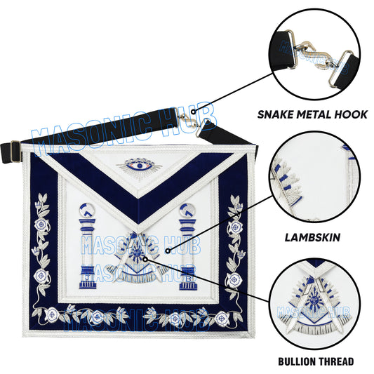 Masonic Past Master Mason Sheep Leather Apron – Handmade Bullion Embroidered | 100% Lambskin with Royal Blue Velvet