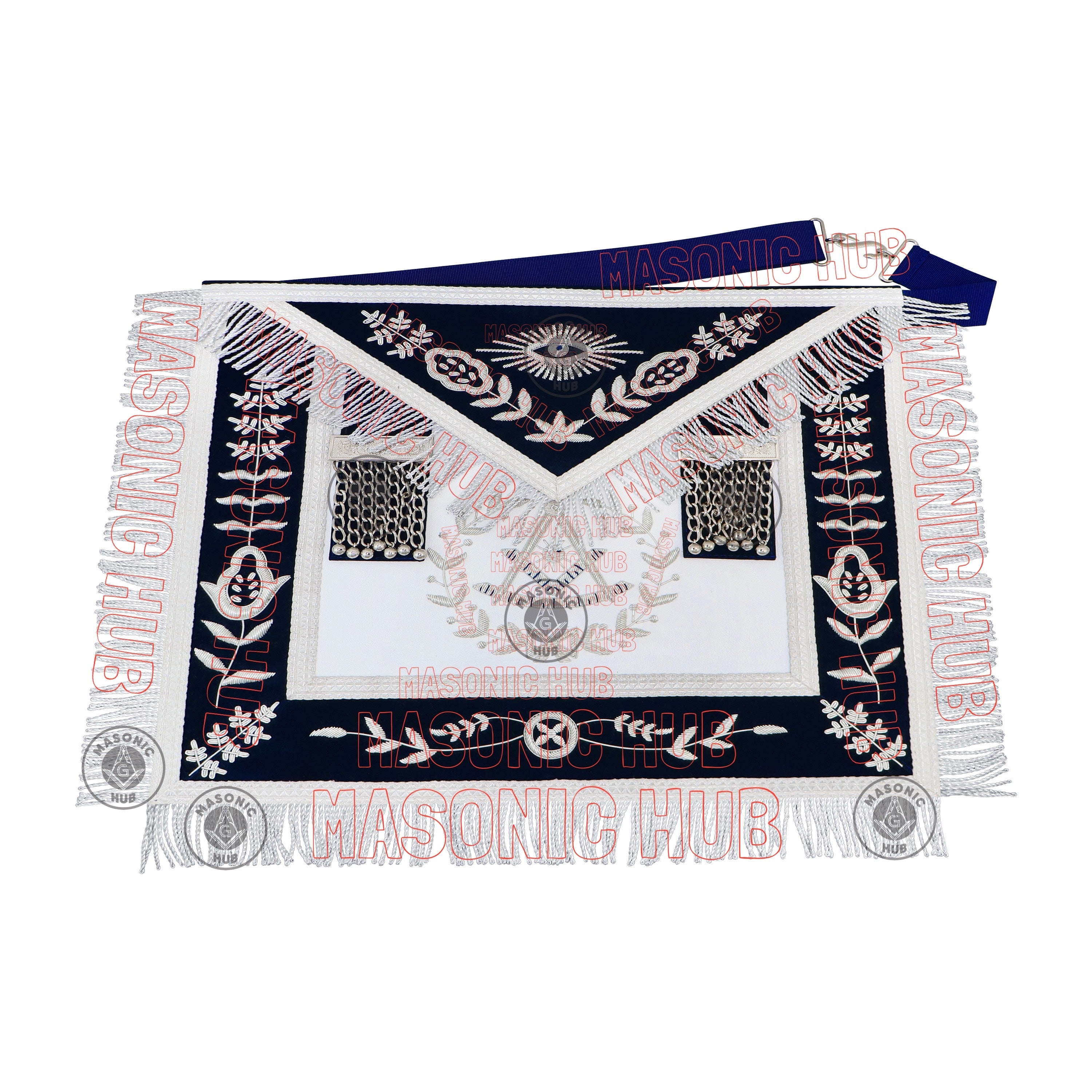 Past Master Masonic Apron – Lambskin with Silver Bullion Embroidery – Navy Blue Velvet & Mylar Fringe – Handmade Freemason Regalia Masonic Hub