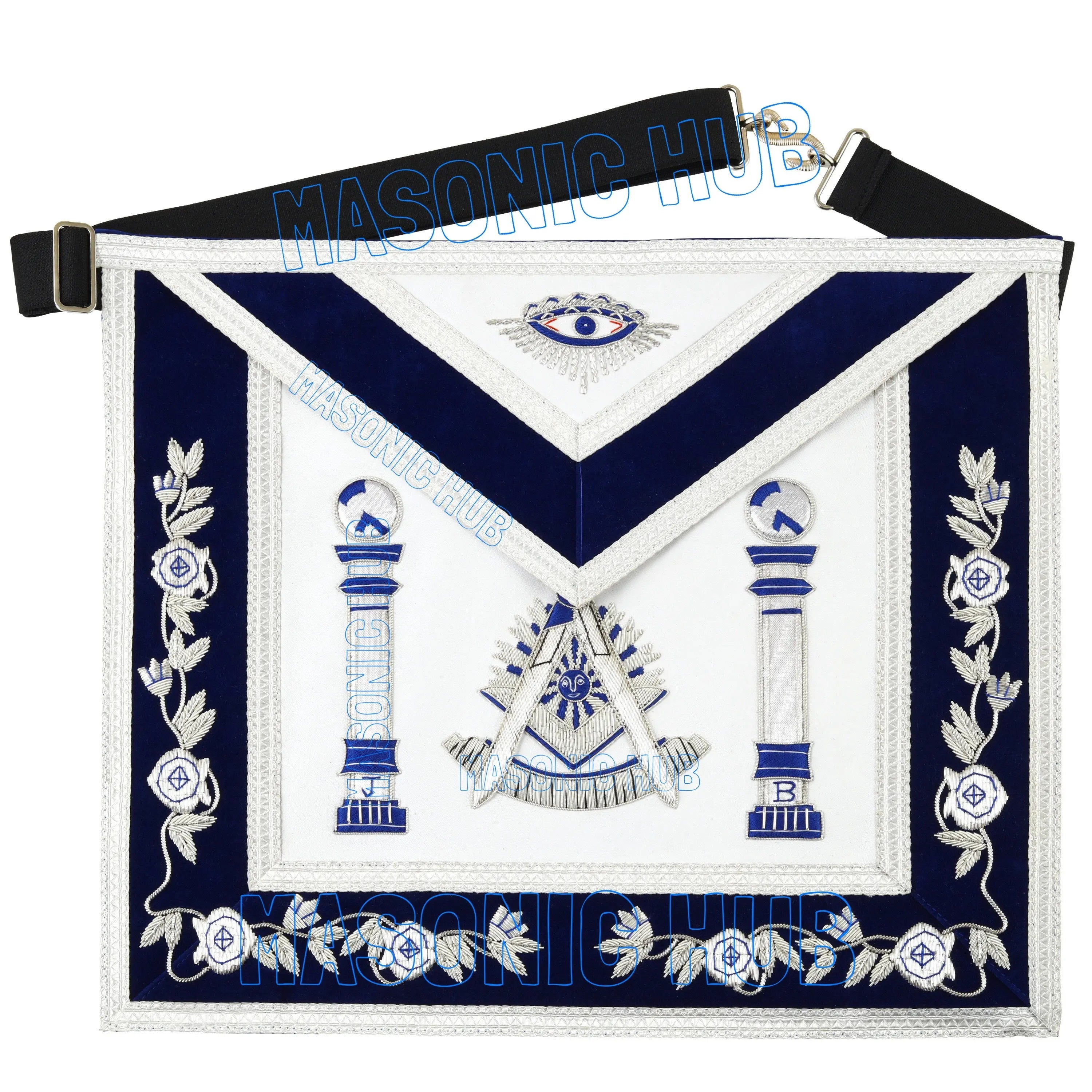 Masonic Past Master Mason Sheep Leather Apron – Handmade Bullion Embroidered | 100% Lambskin with Royal Blue Velvet Masonic Hub