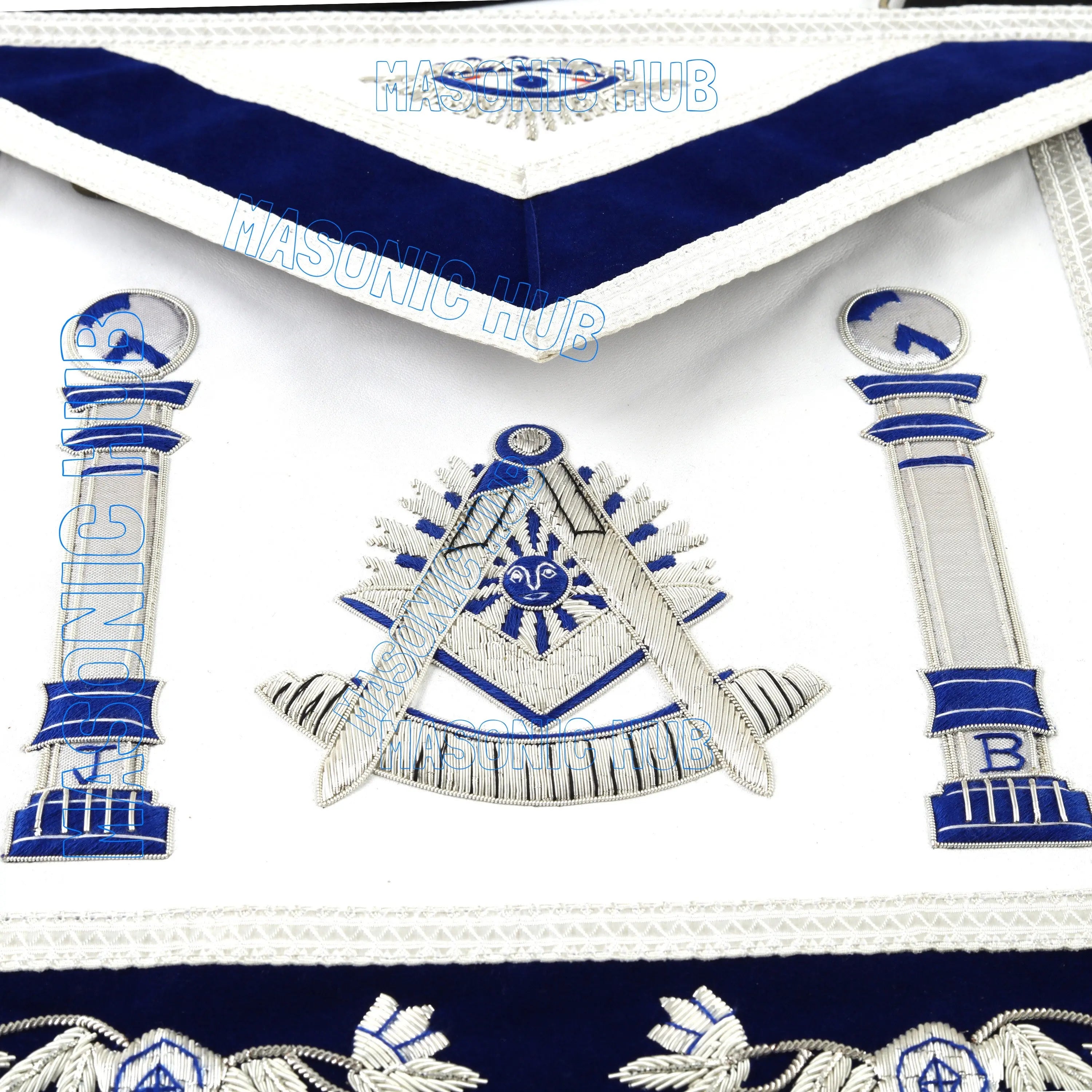 Masonic Past Master Mason Sheep Leather Apron – Handmade Bullion Embroidered | 100% Lambskin with Royal Blue Velvet Masonic Hub