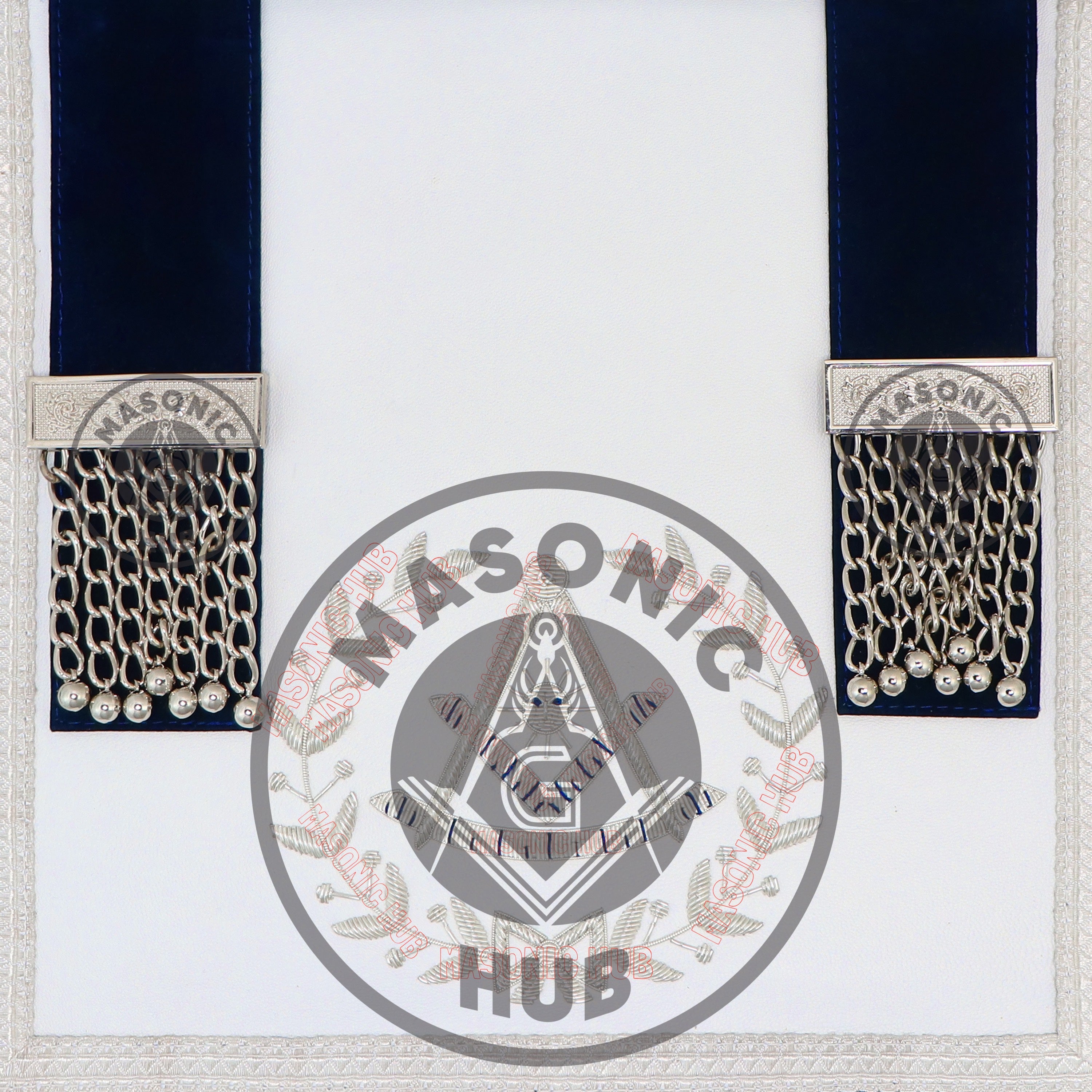 Past Master Masonic Apron – Lambskin with Silver Bullion Embroidery – Navy Blue Velvet & Mylar Fringe – Handmade Freemason Regalia