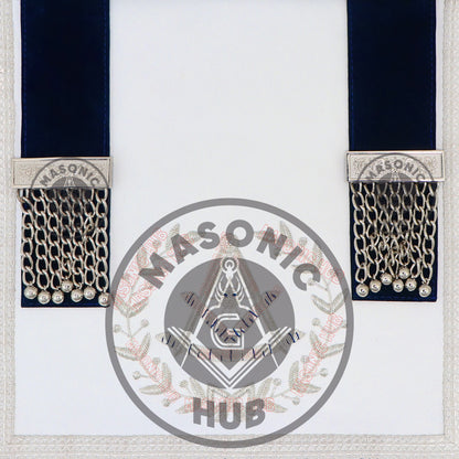 Past Master Masonic Apron – Lambskin with Silver Bullion Embroidery – Navy Blue Velvet & Mylar Fringe – Handmade Freemason Regalia