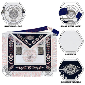 Past Master Masonic Apron – Lambskin with Silver Bullion Embroidery – Navy Blue Velvet & Mylar Fringe – Handmade Freemason Regalia Masonic Hub