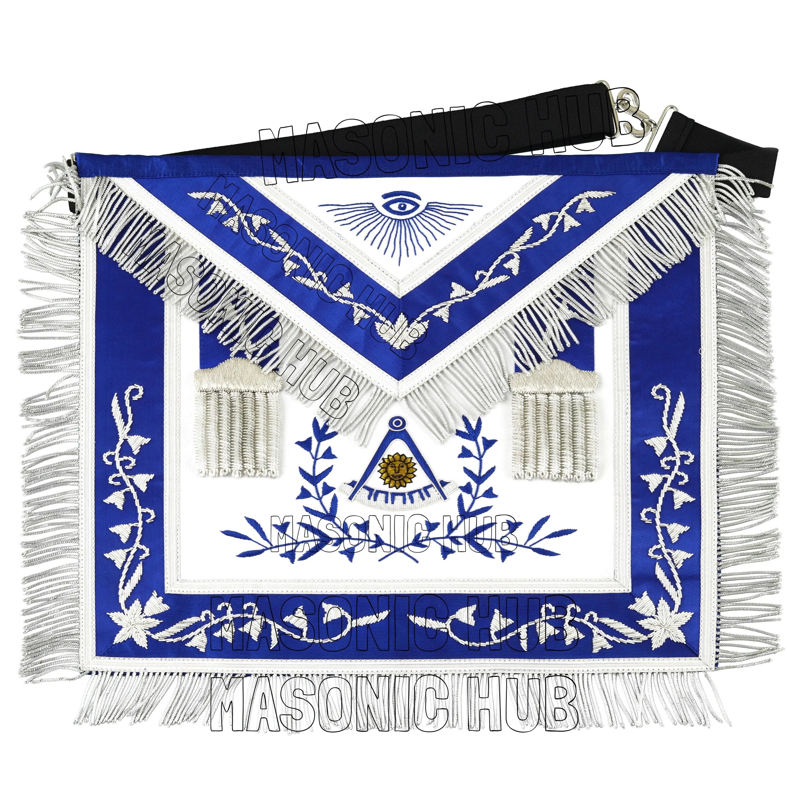 Masonic Past Master Hand-Embroidered 100% Lambskin Apron with Blue Silk &amp; Silver Bullion Fringe Masonic Hub