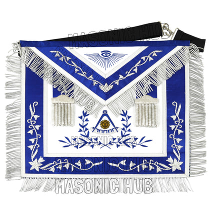 Masonic Past Master Hand-Embroidered 100% Lambskin Apron with Blue Silk &amp; Silver Bullion Fringe