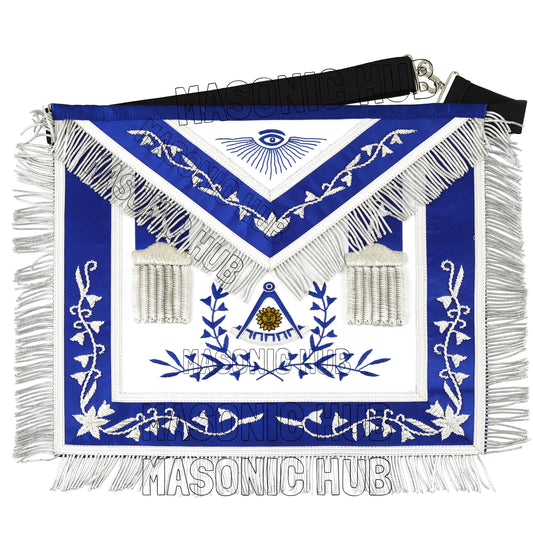 Masonic Past Master Hand-Embroidered 100% Lambskin Apron with Blue Silk &amp; Silver Bullion Fringe