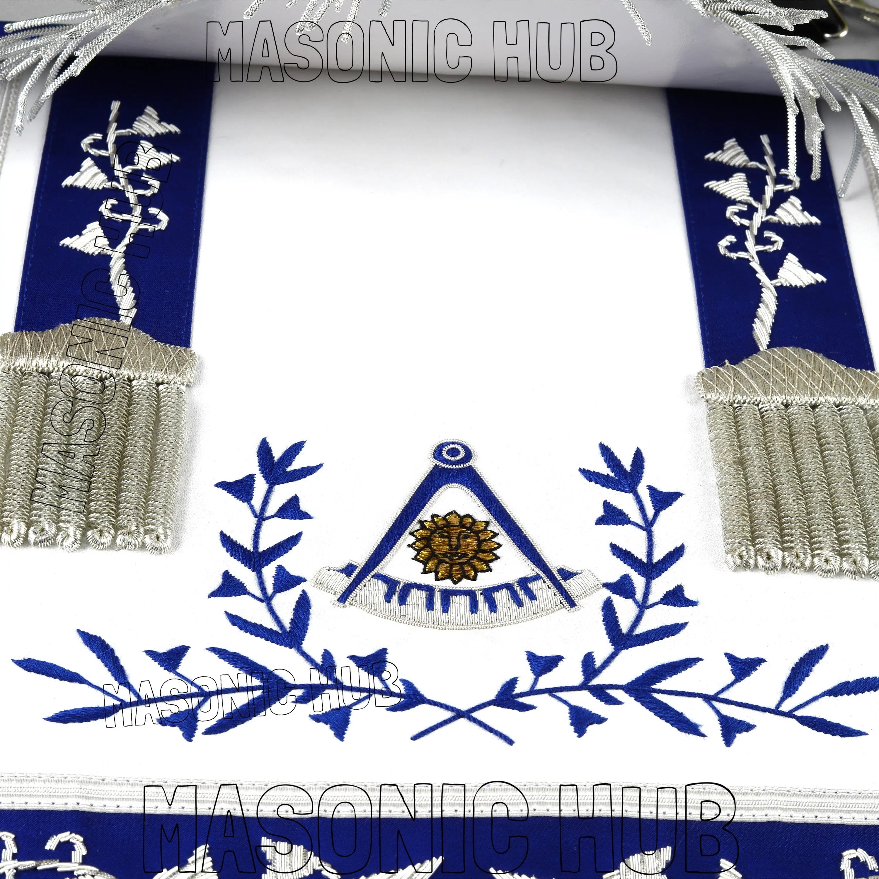 Masonic Past Master Hand-Embroidered 100% Lambskin Apron with Blue Silk &amp; Silver Bullion Fringe Masonic Hub
