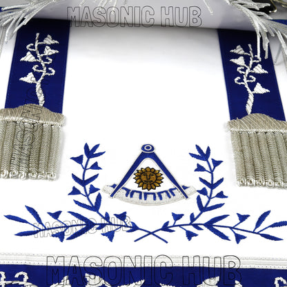 Masonic Past Master Hand-Embroidered 100% Lambskin Apron with Blue Silk &amp; Silver Bullion Fringe