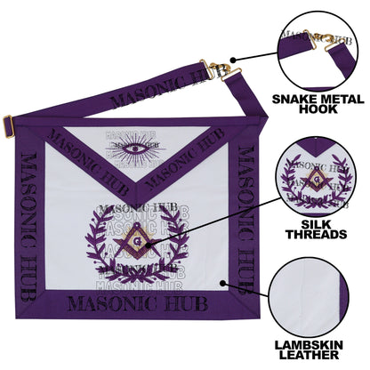 Master Mason Lambskin Apron with G Logo, Radiant Sunburst, and Laurel Wreath