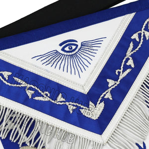 Masonic Past Master Hand-Embroidered 100% Lambskin Apron with Blue Silk &amp; Silver Bullion Fringe Masonic Hub