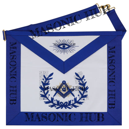 Masonic Master Mason Lambskin Apron with G Logo, Radiant Sunburst, and Laurel Wreath