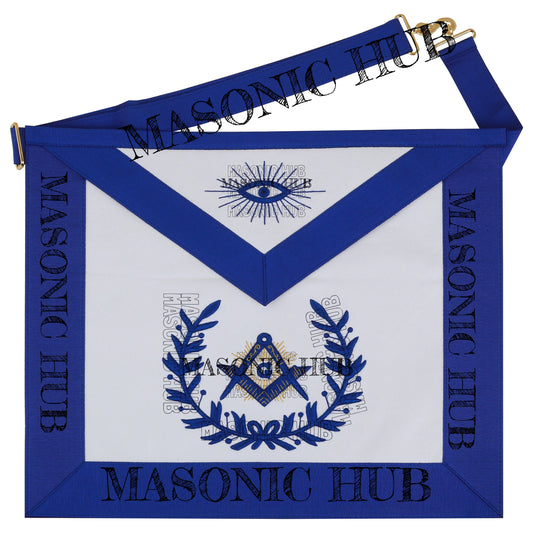 Masonic Master Mason Lambskin Apron with G Logo, Radiant Sunburst, and Laurel Wreath