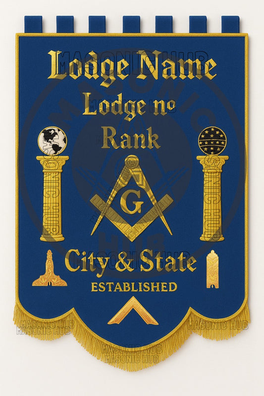 Custom Masonic Blue Lodge Banner – Master Mason Embroidered Regalia with Pillars & Compass Square Symbol