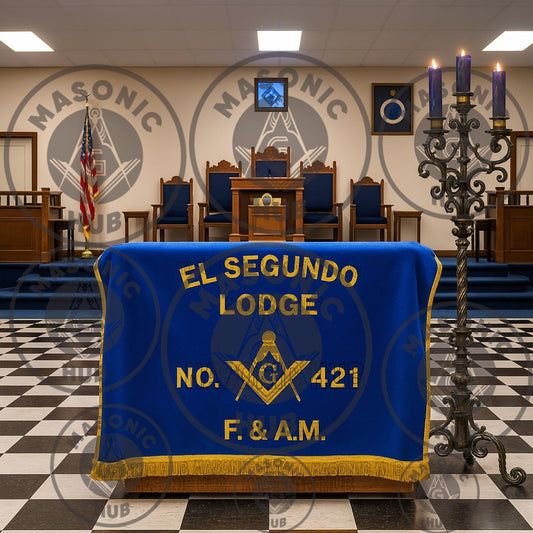 Custom Personalized Masonic Altar Cover – Blue Velvet with Embroidered Square Compass F. & A.M. Gold Fringe(For your any Customize Banner Please Contact us)