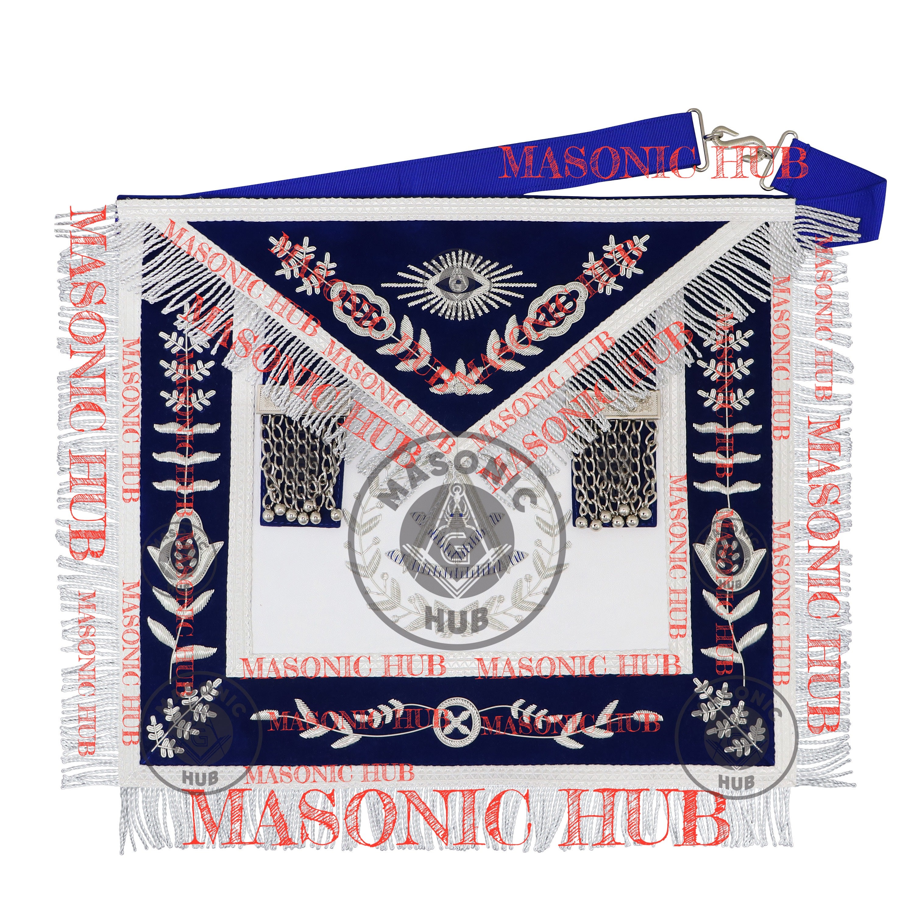 Freemason Royal Blue Velvet Masonic Past Master Apron with Silver Bullion Embroidery