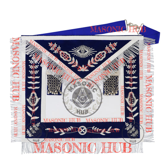 Freemason Royal Blue Velvet Masonic Past Master Apron with Silver Bullion Embroidery
