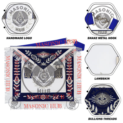 Freemason Royal Blue Velvet Masonic Past Master Apron with Silver Bullion Embroidery