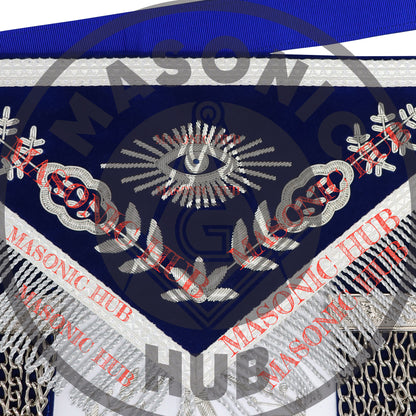 Freemason Royal Blue Velvet Masonic Past Master Apron with Silver Bullion Embroidery