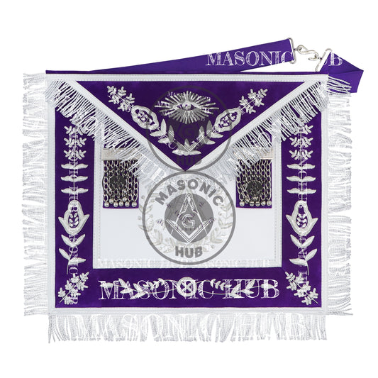 Royal Purple Masonic Past Master Apron with Silver Bullion Embroidery All-Seeing Eye Motif – Velvet Trim & Fringe