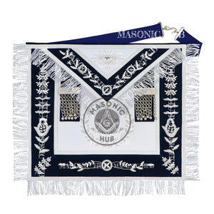 Masonic Past Master Apron – Hand-Embroidered Lambskin & Navy Blue Velvet with Silver Bullion Trim Masonic Hub